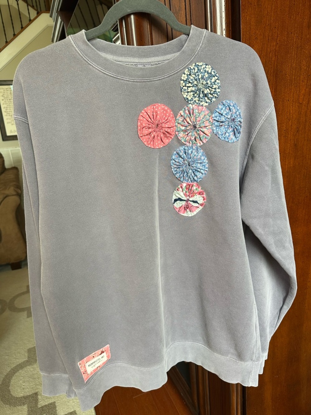 Gray Sweatshirt with Floral Yo-Yo Appliques
